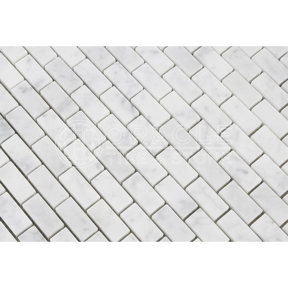 Carrara White Italian (Bianco Carrara) Marble Mini Brick Mosaic Tile, Polished - Tilefornia