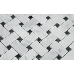 Carrara White Italian (Bianco Carrara) Marble Basketweave Mosaic Tile with Black Marble Dots, Honed - Tilefornia