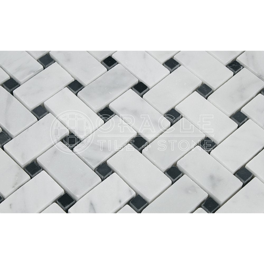 Carrara White Italian (Bianco Carrara) Marble Basketweave Mosaic Tile with Black Marble Dots, Polished - Tilefornia