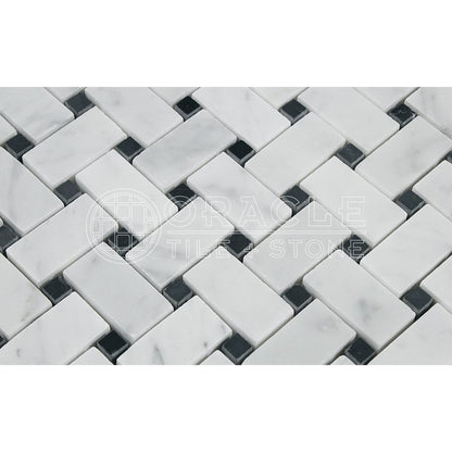Carrara White Italian (Bianco Carrara) Marble Basketweave Mosaic Tile with Black Marble Dots, Polished - Tilefornia