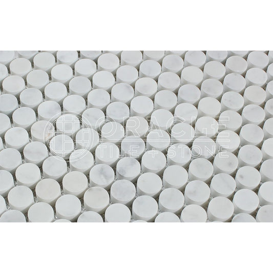 Carrara White Italian (Bianco Carrara) Marble Penny Round Mosaic Tile, Polished - Tilefornia