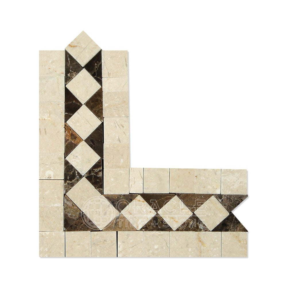 Crema Marfil Spanish Marble BIAS Border Corner with Emperador Dark Marble Dots, Polished - Tilefornia