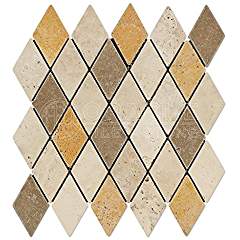 Mixed Travertine 2 X 4 Diamond (Rhomboid) Mosaic Tile, Tumbled - Tilefornia