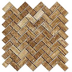 Noce Vein-Cut Travertine Herringbone (1 X 2) Mosaic Tile, Brushed & Unfilled (LOT of 50 SHEETS) - Tilefornia