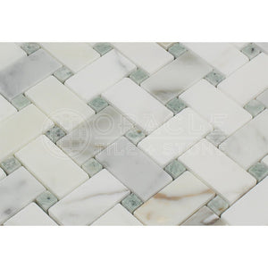 Calacatta Gold (Italian Calcutta) Marble Basketweave Mosaic Tile with Ming Green Marble Dots, Honed - Tilefornia