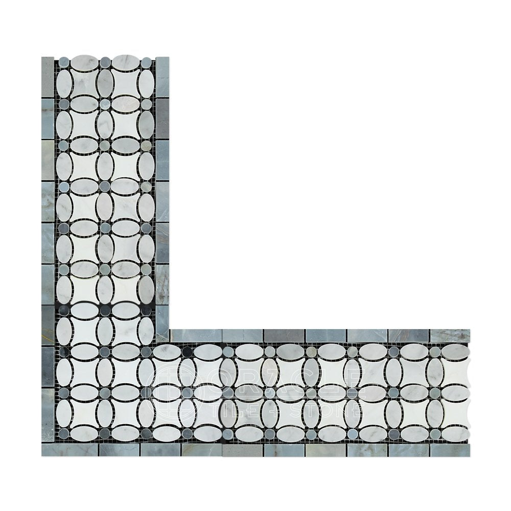 Carrara White Italian (Bianco Carrara) Marble Florida Flower Border Corner (with Blue & Gray Marble, Polished) - Tilefornia