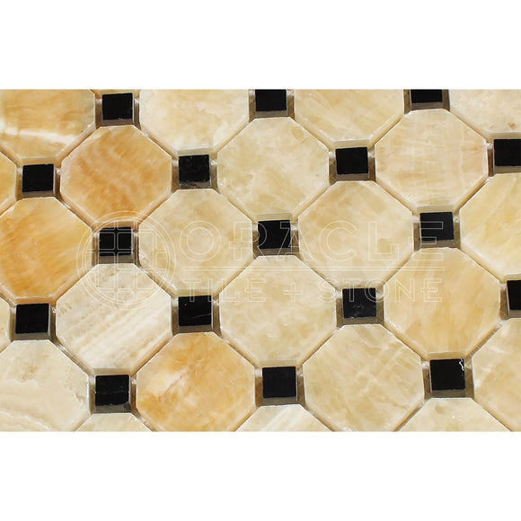 Honey Onyx Octagon Mosaic Tile with Black Marble Dots, Polished - Tilefornia