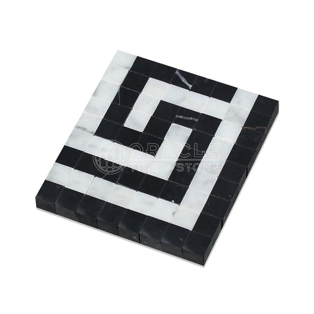 Carrara White Italian (Bianco Carrara) Marble Greek Key Border Corner (with Black Marble, Honed) - Tilefornia