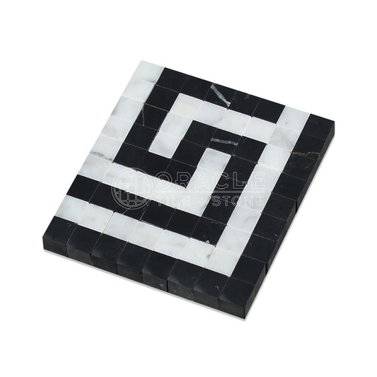 Carrara White Italian (Bianco Carrara) Marble Greek Key Border Corner (with Black Marble, Polished) - Tilefornia