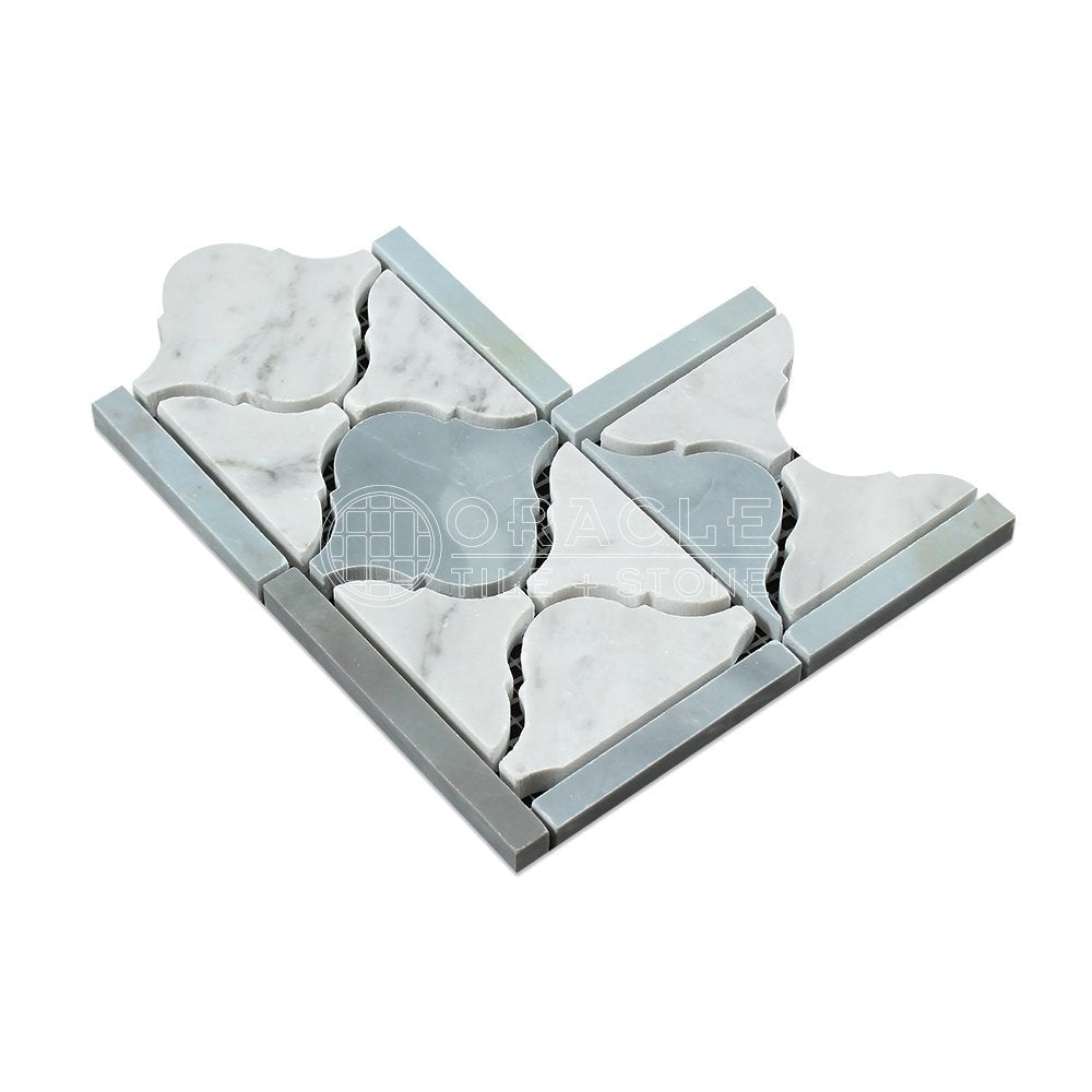 Carrara White Italian (Bianco Carrara) Marble Lantern Border Corner (with Blue & Gray Marble, Polished) - Tilefornia