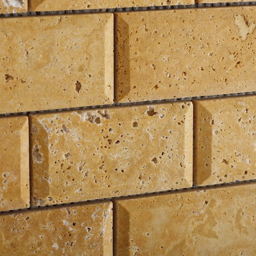 Gold / Yellow Travertine 2 X 4 Beveled Brick Mosaic Tile - 6" X 6" Sample - Tilefornia