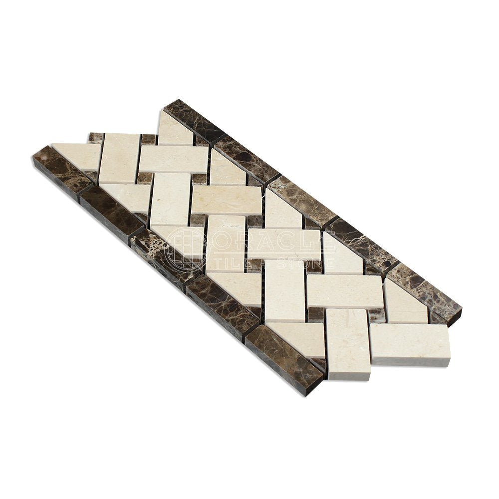 Crema Marfil Spanish Marble Basketweave Border Mosaic Tile with Emperador Dark Marble Dots, Polished - Tilefornia