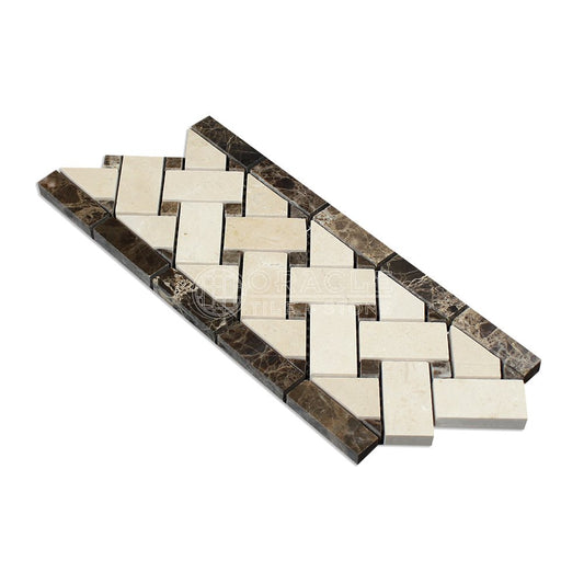 Crema Marfil Spanish Marble Basketweave Border Mosaic Tile with Emperador Dark Marble Dots, Polished - Tilefornia