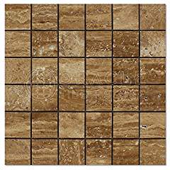 Noce Vein-Cut Travertine 2 X 2 Mosaic Tile, Polished (LOT of 5 SHEETS) - Tilefornia