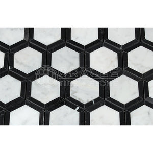 Carrara White Italian (Bianco Carrara) Marble Vortex Hexagon with Black Strips, Polished - Tilefornia
