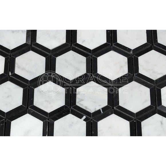 Carrara White Italian (Bianco Carrara) Marble Vortex Hexagon with Black Strips, Polished - Tilefornia
