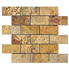 Scabos Travertine 2 X 4 Brick Mosaic Tile, Tumbled (6" X 6" Sample) - Tilefornia