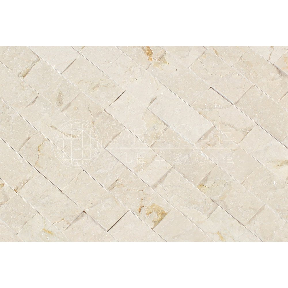 Crema Marfil Spanish Marble 1 X 2 Brick Mosaic Tile, Split Faced - Tilefornia