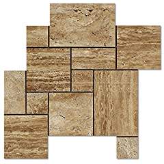 Noce Vein-Cut Travertine Opus Pattern Mosaic Tile, Polished (LOT of 5 SHEETS) - Tilefornia