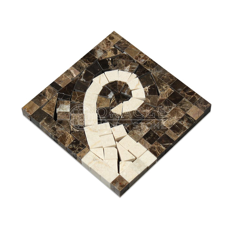 Emperador Dark Spanish Marble Wave Border Corner with Crema Marfil Marble, Polished - Tilefornia