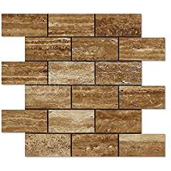 Noce Vein-Cut Travertine 2 X 4 Brick Mosaic Tile, Brushed & Unfilled (LOT of 50 SHEETS) - Tilefornia