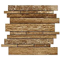 Noce Vein-Cut Travertine Random-Strip Mosaic Tile, Brushed & Unfilled (LOT of 50 SHEETS) - Tilefornia