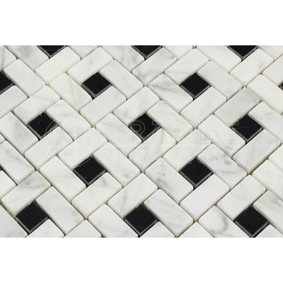 Carrara White Italian (Bianco Carrara) Marble Pinwheel Mosaic Tile with Black, Honed - Tilefornia