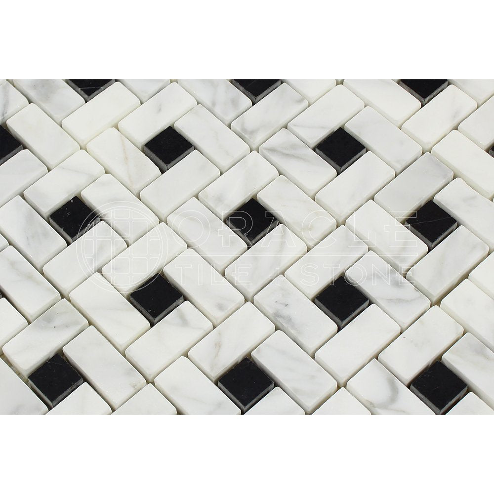 Carrara White Italian (Bianco Carrara) Marble Pinwheel Mosaic Tile with Black, Polished - Tilefornia