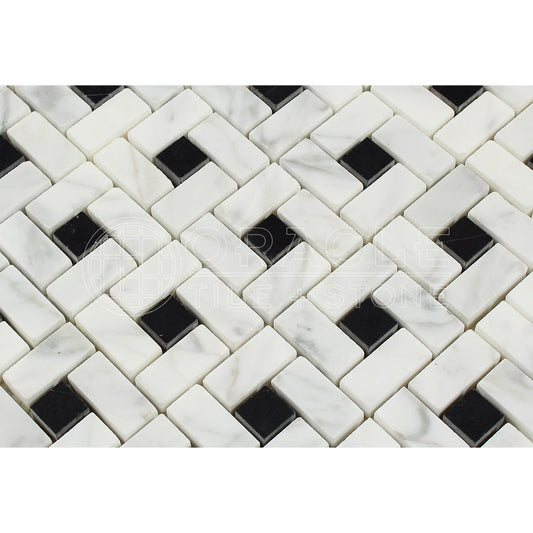 Carrara White Italian (Bianco Carrara) Marble Pinwheel Mosaic Tile with Black, Polished - Tilefornia