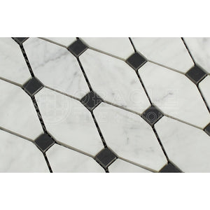 Carrara White Italian (Bianco Carrara) Marble Octave Pattern Mosaic Tile (Black Marble Dots, Honed) - Tilefornia