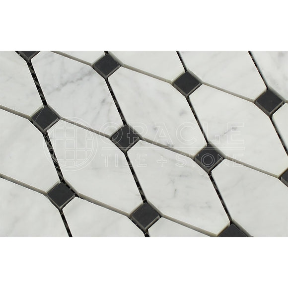 Carrara White Italian (Bianco Carrara) Marble Octave Pattern Mosaic Tile (Black Marble Dots, Polished) - Tilefornia