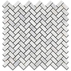 Oriental White (Eastern White) Marble Mini Herringbone Mosaic Tile, Polished - Lot of 50 Sheets - Tilefornia