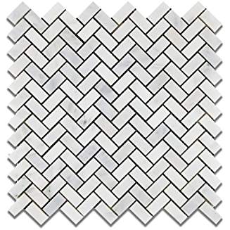 Oriental White (Eastern White) Marble Mini Herringbone Mosaic Tile, Polished - 6" X 6" Sample - Tilefornia