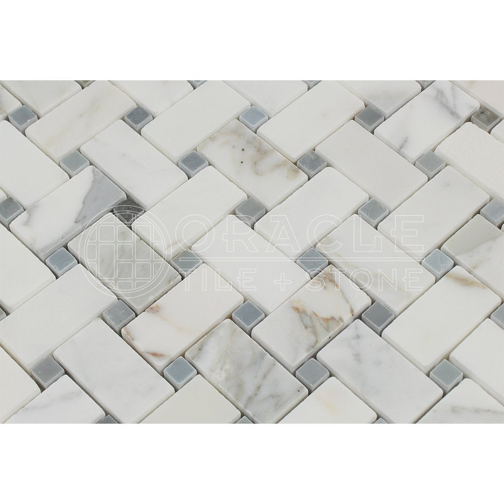 Calacatta Gold (Italian Calcutta) Marble Basketweave Mosaic Tile with Blue & Gray Marble Dots, Honed - Tilefornia