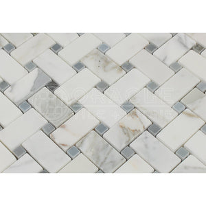 Calacatta Gold (Italian Calcutta) Marble Basketweave Mosaic Tile with Blue & Gray Marble Dots, Polished - Tilefornia