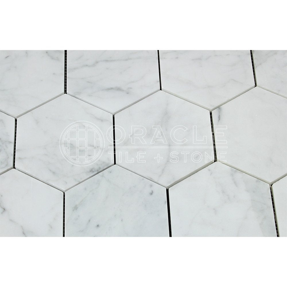 Carrara White Italian (Bianco Carrara) Marble 5 inch Hexagon Mosaic Tile, Honed - Tilefornia