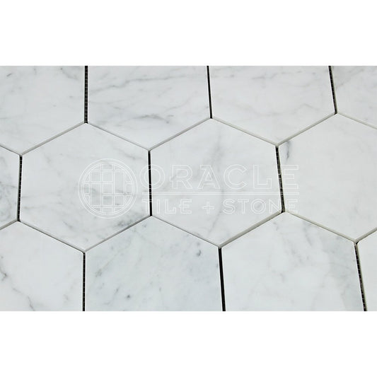 Carrara White Italian (Bianco Carrara) Marble 5 inch Hexagon Mosaic Tile, Honed - Tilefornia