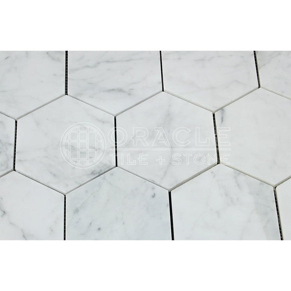 Carrara White Italian (Bianco Carrara) Marble 5 inch Hexagon Mosaic Tile, Polished - Tilefornia