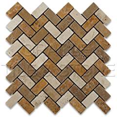 Mixed Travertine 1 X 2 Herringbone Mosaic Tile, Tumbled - Box of 5 Sheets - Tilefornia