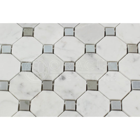 Carrara White Italian (Bianco Carrara) Marble Octagon Mosaic Tile with Blue & Gray Marble Dots, Honed - Tilefornia
