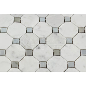 Carrara White Italian (Bianco Carrara) Marble Octagon Mosaic Tile with Black Marble Dots, Honed - Tilefornia