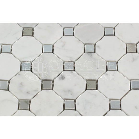 Carrara White Italian (Bianco Carrara) Marble Octagon Mosaic Tile with Blue & Gray Marble Dots, Polished - Tilefornia