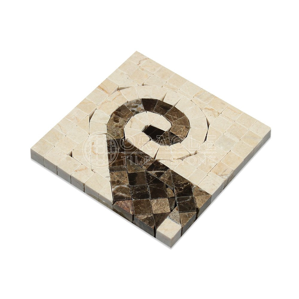 Crema Marfil Spanish Marble Wave Border Corner with Emperador Dark Marble, Polished - Tilefornia
