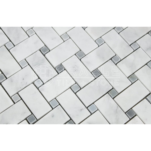 Carrara White Italian (Bianco Carrara) Marble Basketweave Mosaic Tile with Blue & Gray Marble Dots, Honed - Tilefornia