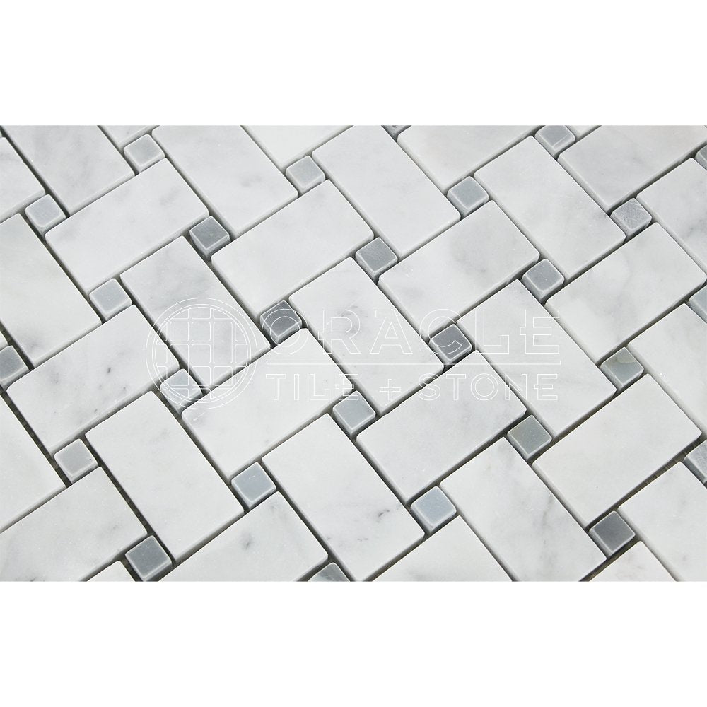 Carrara White Italian (Bianco Carrara) Marble Large Basketweave Mosaic Tile with Blue & Gray Marble Dots, Polished - Tilefornia