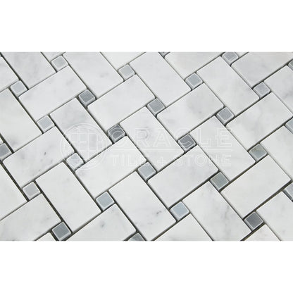 Carrara White Italian (Bianco Carrara) Marble Large Basketweave Mosaic Tile with Blue & Gray Marble Dots, Polished - Tilefornia