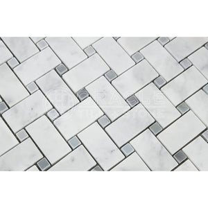 Carrara White Italian (Bianco Carrara) Marble Large Basketweave Mosaic Tile with Blue & Gray Marble Dots, Polished - Tilefornia