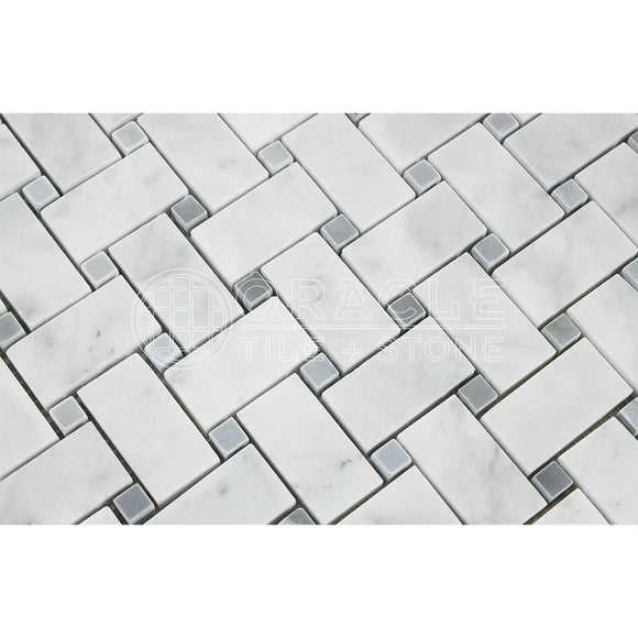 Carrara White Italian (Bianco Carrara) Marble Large Basketweave Mosaic Tile with Blue & Gray Marble Dots, Honed - Tilefornia