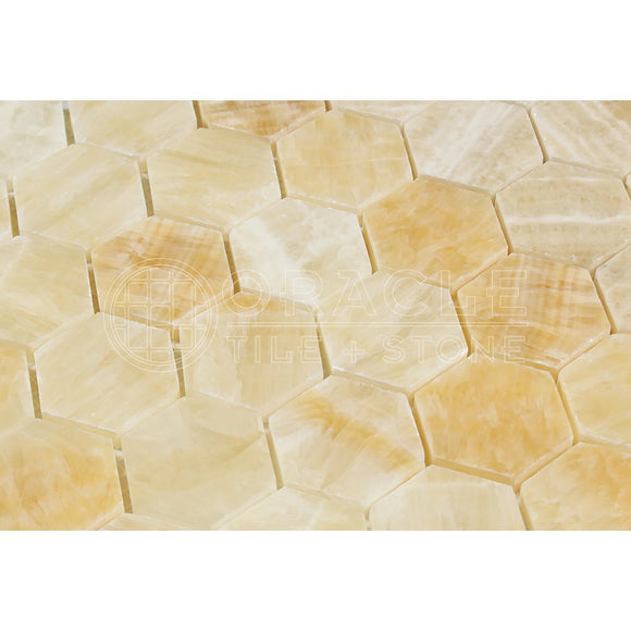 Honey Onyx 2 inch Hexagon Mosaic Tile, Polished - Tilefornia