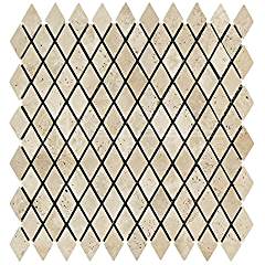 Ivory (Light) Travertine 1 X 2 Diamond (Rhomboid) Mosaic Tile, Tumbled - Tilefornia